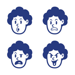 Cartoon vector of curly-haired boy with angry, happy, winking, and surprised expressions. Perfect for kid illustrations, UI stickers, emotion icons, and educational materials