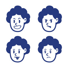 Cartoon vector of curly-haired boy with angry, happy, winking, and surprised expressions. Perfect for kid illustrations, UI stickers, emotion icons, and educational materials