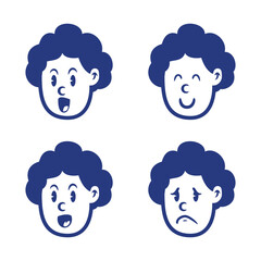 Cartoon vector of curly-haired boy with angry, happy, winking, and surprised expressions. Perfect for kid illustrations, UI stickers, emotion icons, and educational materials
