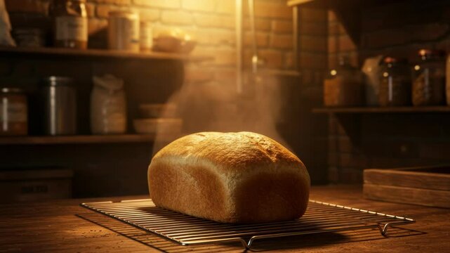 Freshly baked loaf of bread on wire rack