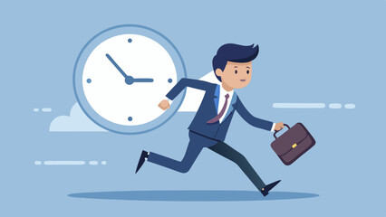 Businessman running with briefcase and clock behind him