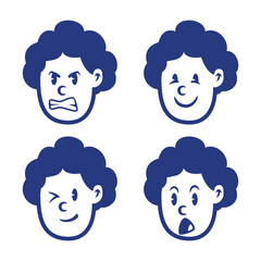 Cartoon vector of curly-haired boy with angry, happy, winking, and surprised expressions. Perfect for kid illustrations, UI stickers, emotion icons, and educational materials