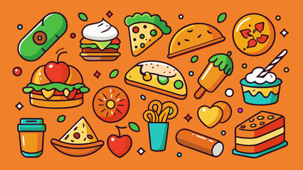 Assortment of cartoon style food items on orange background