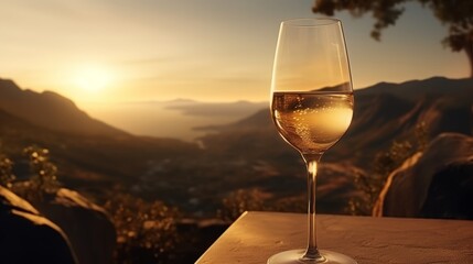Celebrating the golden hour  pouring champagne into a crystal glass at sunset with minimalist design