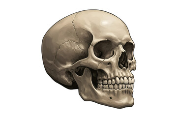 Obraz premium Realistic human skull with detailed bone structure, isolated on a white background for medical, anatomy, or horror-themed designs