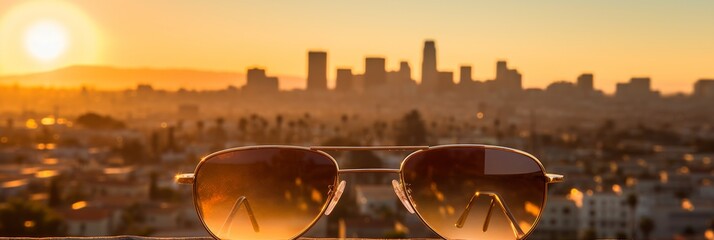 Gold aviator sunglasses beautifully reflecting a vibrant cityscape during the enchanting golden hour