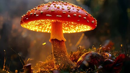 Stunning view of amanita muscaria mushroom glowing in a mystical forest setting at dusk, Amanita muscaria magic mushroom god, ai generated, vertical - Powered by Adobe
