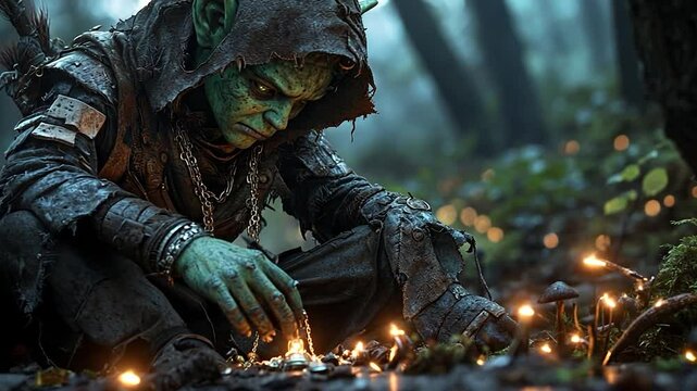 A fantasy goblin character sits in a dark forest, tending to glowing mushrooms. Muddy, green-skinned creature wearing dark clothing. Low-key lighting
