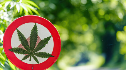 Close-up of red warning sign with cannabis leaf symbol, caution alert for marijuana and drug awareness, substance abuse prevention concept.