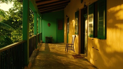 An outdoor veranda bathed in sunlight near lush green foliage