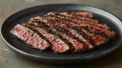 Sliced, juicy steak on a dark plate. Medium rare doneness, seasoned