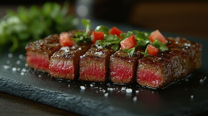 Sliced, juicy medium-rare steak, topped with greens and tomatoes, on black slate