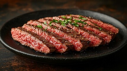 Sliced, juicy steak on black plate, garnished with herbs, cooked medium-rare
