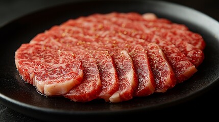 Sliced, marbled raw beef, seasoned, on a black plate, close-up shot