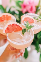 Refreshing grapefruit cocktails with ice and mint garnish in summer setting