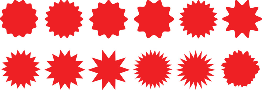 Red starburst sticker set. Special offer price tag. Price sticker, sale sticker, starburst, quality mark, retro silhouette. red badges. Star burst shape tags for price. Red sale tag.price tag, starbur