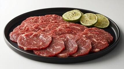 Sliced raw beef, marbled texture, with lime wedges on a dark plate