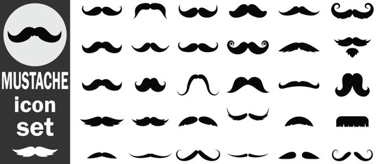 Mustache icon vector set. Black Hipster mustache silhouette icon on white background. Different mustache collection.  silhouette Vector illustration.