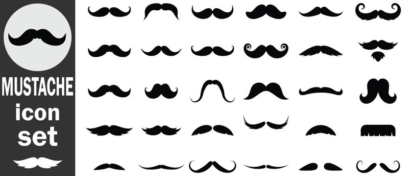 Mustache icon vector set. Black Hipster mustache silhouette icon on white background. Different mustache collection.  silhouette Vector illustration.