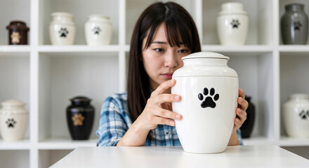 et loss grief concept. Sad young japanese woman buying the white mortuary urn for the beloved pet.  This thoughtful image is perfect for pet loss support resources, sympathy cards