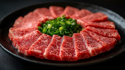Sliced, raw, marbled beef arranged around green onions on black plate