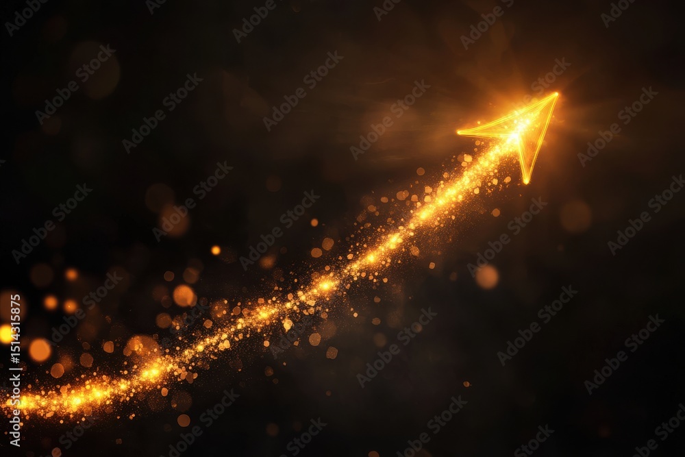 Aufkleber glowing golden arrow pointing upwards with sparkling trail on a dark textured background image