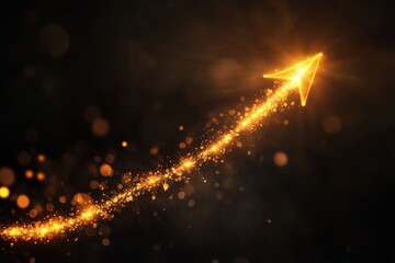 Glowing golden arrow pointing upwards with sparkling trail on a dark textured background image