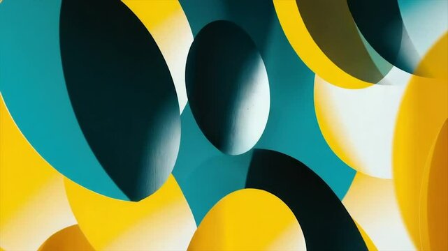 Abstract geometric shapes in teal and gold.  Interlocking circles and cylinders create a dynamic visual.  Soft shadows enhance the 3D effect