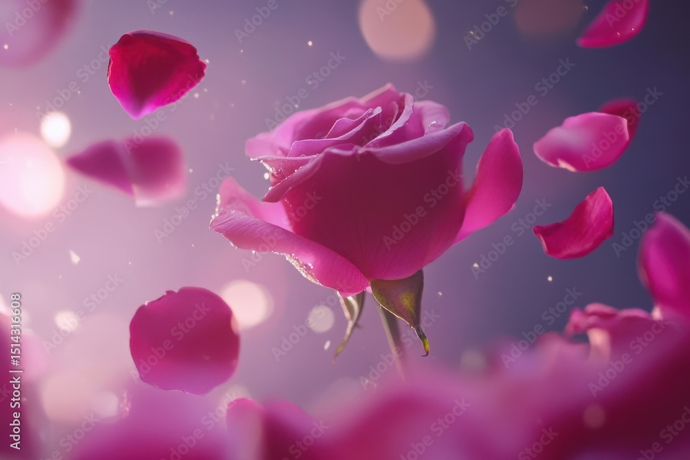Aufkleber a pink rose with falling petals and bokeh lights creating a soft romantic atmosphere in the image