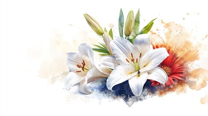 Obraz premium White Lily Flowers Watercolor Set on Black Background - High Quality Clip Art for Cards, Posters, Stickers - Easter, Spring, Mother's Day, Wedding