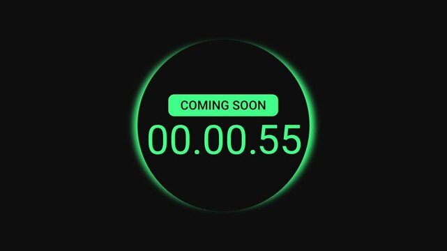 Countdown timer from 60 second to zero with the text coming soon on black background