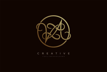 Abstract initial letter VA or VZA calligraphy Logo, Luxury letter VA in gold circle design, vector illustration