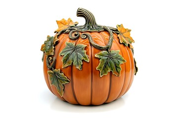 Decorative orange pumpkin with green and yellow leaves on a white background in studio lighting background texture video