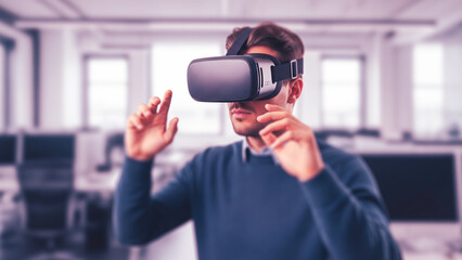 Man wearing a virtual reality headset in an office setting.