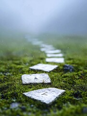 Stone Path Receding into Foggy Green Landscape