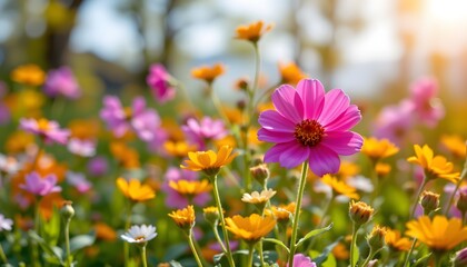 a vibrant field filled with brightly colored flowers, primarily orange and yellow blooms, set agains