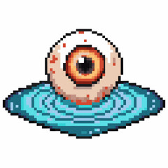 Fototapeta premium Pixel art floating eyeball on blue liquid retro digital artwork, eerie magical theme