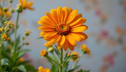 a single vibrant orange daisy blooming amidst small yellow flowers in what appears to be a garden se
