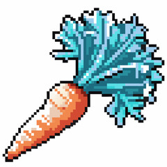 Fototapeta premium Pixel art fresh carrot with vibrant blue leaves, retro gaming