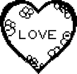 pixel heart with the word love digital art, retro flowers, vintage design black and white pixelated style, computer game aesthetic