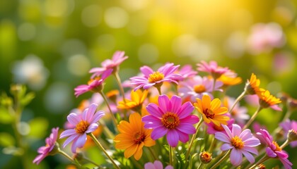 a vibrant flower patch in full bloom, set against a sunny backdrop.