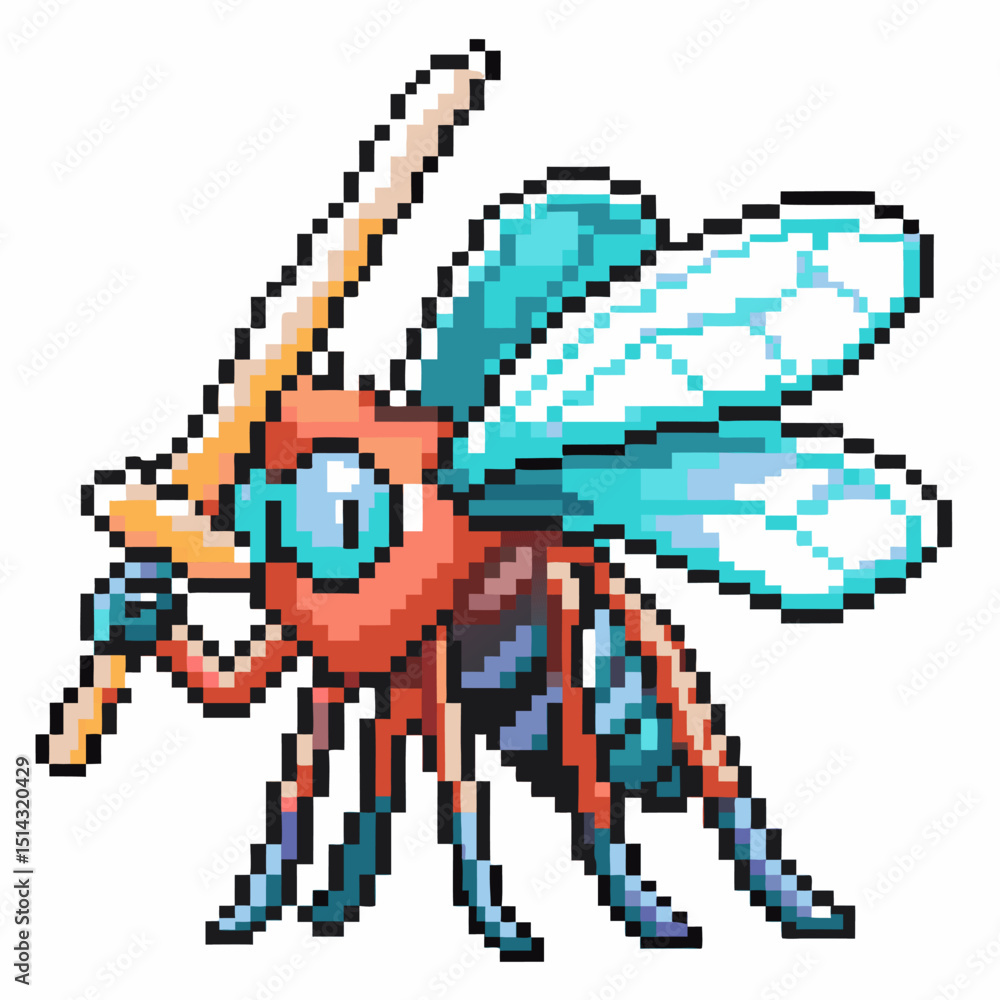 Poster pixel art insect warrior with a lance retro blue winged bug videogame sprite character in pixelated