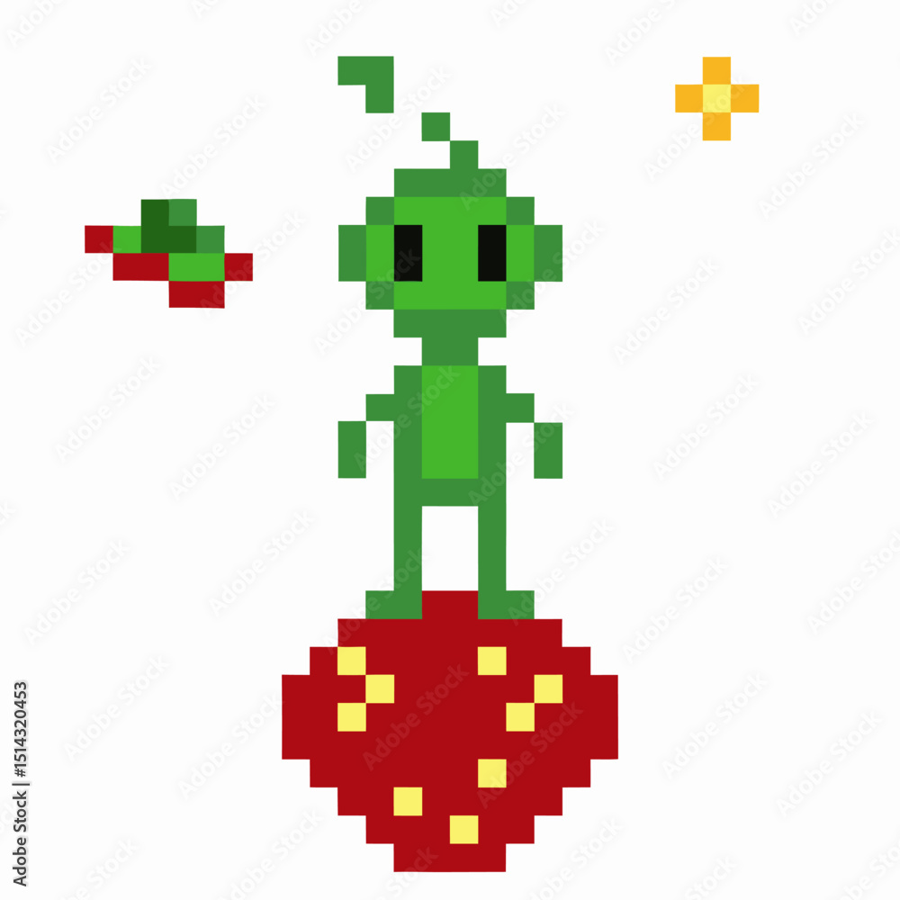 Poster pixelated green alien on red planet with spaceship and stars, retro 8 bit space design