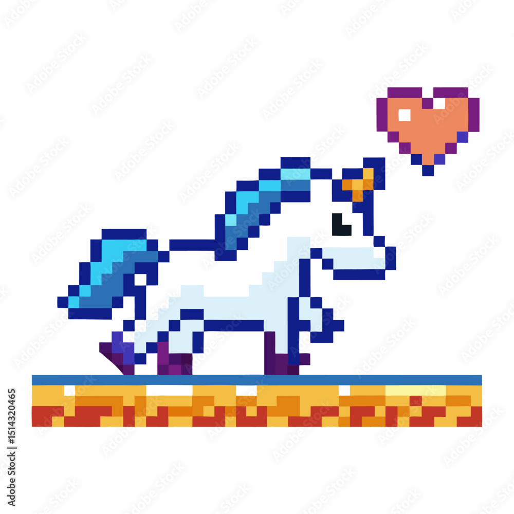 Poster retro pixel art unicorn with heart nostalgic 8 bit fantasy creature with blue mane and colorful plat