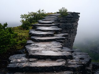 Stone Steps Leading to a Foggy Clifftop