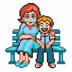 Obraz premium pixel art illustration of a comforting moment mother and son sitting on a bench, retro 8 bit design, emotional bond, nostalgia