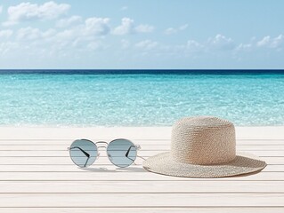 Straw Hat and Aviator Sunglasses on Sunny Beach