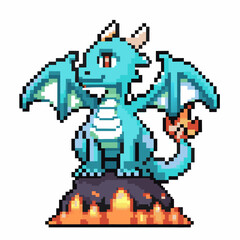 Fototapeta premium Pixel art dragon on flaming mountain blue mythical creature design