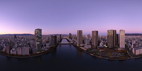 Sunset cityscape panorama urban skyline 360° view evening serenity
