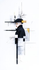 Stylized Female Portrait Collage with Geometric Shapes and Ink